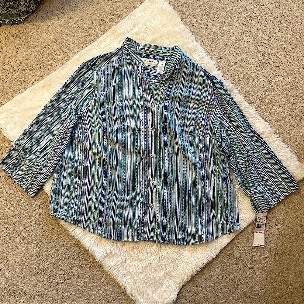 Alfred Dunner NWT button down striped shirt green blue 22w plus size